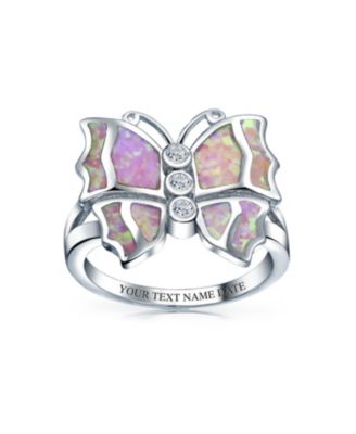 Elegant CZ Accent Cubic Zirconia Pink Created Opal Butterfly Ring .925 Sterling Silver