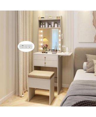 Compact Vanity Desk Set with 3-Color Lighted Mirror and Power Outlets