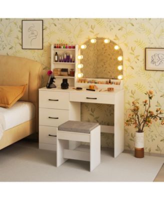 Makeup Vanity Desk Dressing Table and Stool Set with Mirror and Lights