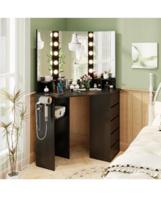 Corner Vanity Desk with 3-Color LED Lighted Mirror and Power Outlet