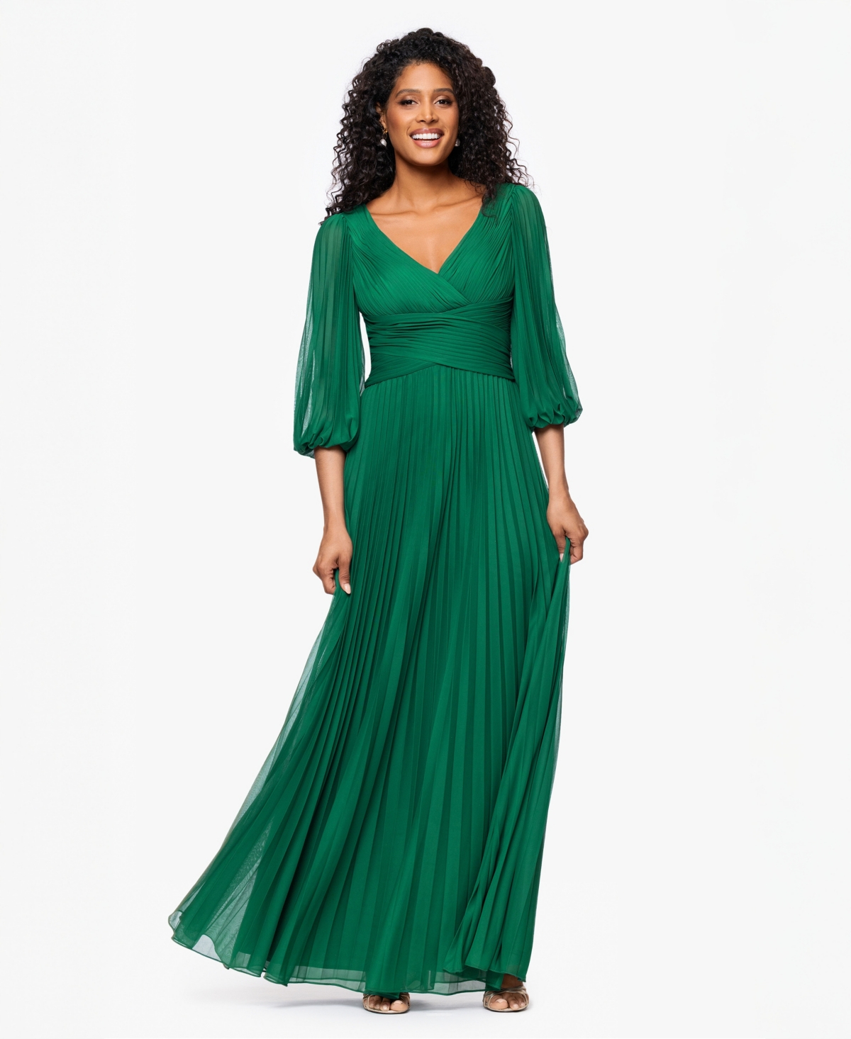 Women's Pleated Balloon-Sleeve Long Dress - Green