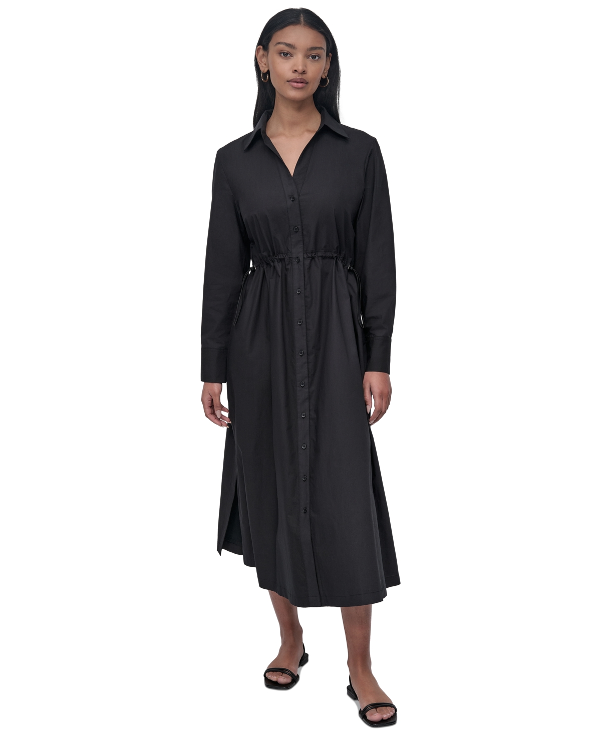 Women's Collared Cotton Long-Sleeve Shirtdress - Black