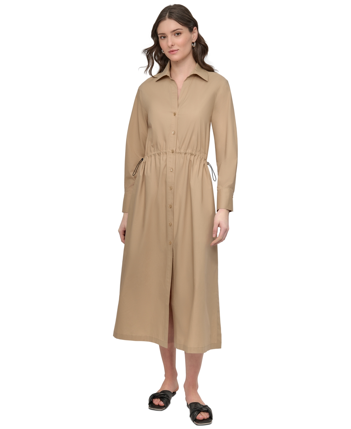 Women's Collared Cotton Long-Sleeve Shirtdress - Black