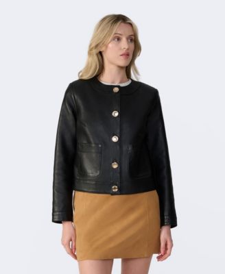 Women's Cropped Leather Jacket With Gold Buttons, Created for Macy s