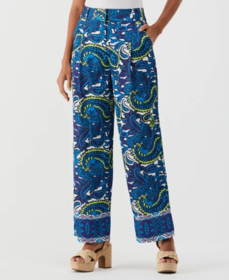 Petite Paisley Print High Rise Wide Leg Pants - Malibu Blue