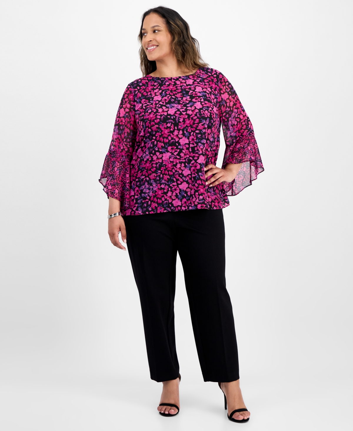 Kasper Plus Size Bell-sleeve Ditsy-print Top