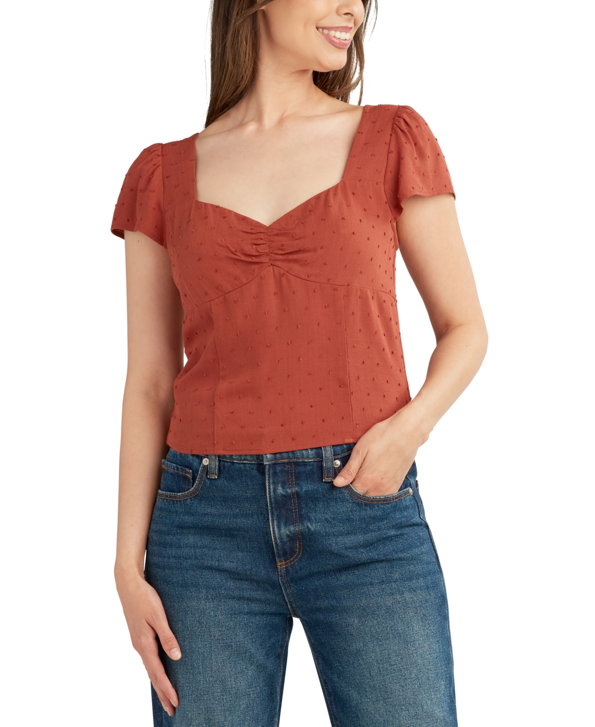 Juniors' Clip-Dot Sweetheart-Neck Top - Brandy