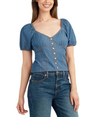 Juniors' Denim Puff-Sleeve Sweetheart-Neck Top