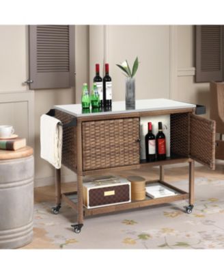 Wicker Bar Cart with Glass Top & Wheels