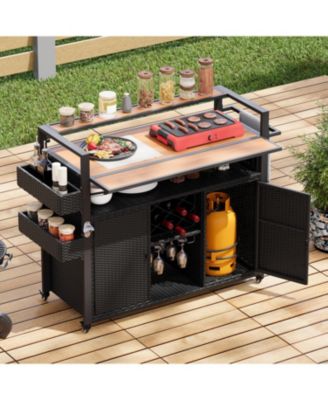Wicker Grill Cart with Table Top & Storage - Outdoor Kitchen