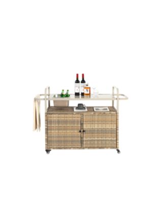 Wicker Bar Cart with Ice Bucket & Steel Top
