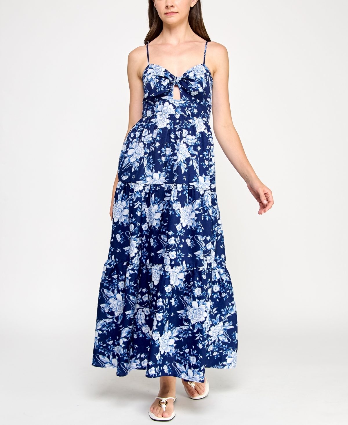 Juniors' Printed Keyhole Sleeveless Maxi Dress - Navy