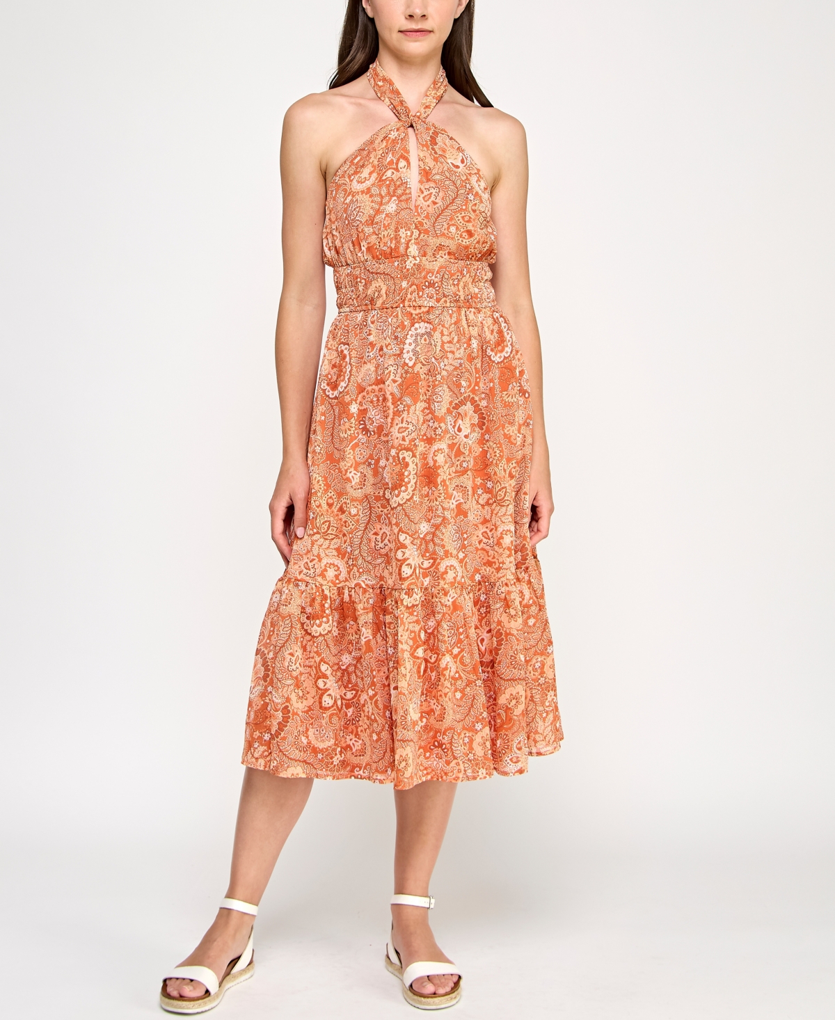 Juniors' Printed Ruffled-Skirt Halter Midi Dress - Rust Multi