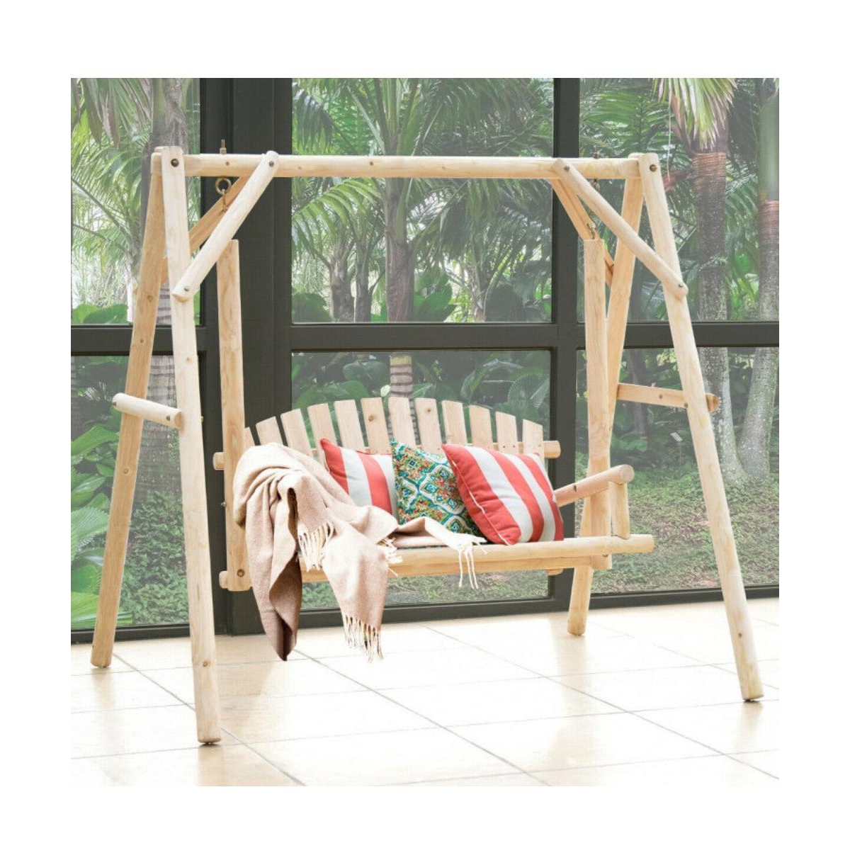 Outdoor Wooden Porch Bench Swing Chair with Rustic Curved Back
