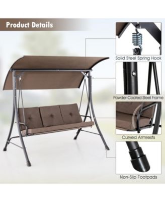 3-Seat Outdoor Porch Swing w/ Adjustable Canopy Thickened Cushions Metal Frame