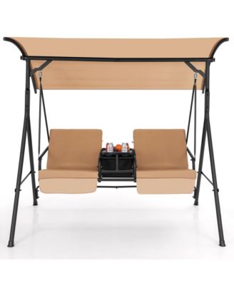 2-Person Canopy Porch Swing Padded Chair Cooler Bag Rotatable Tray