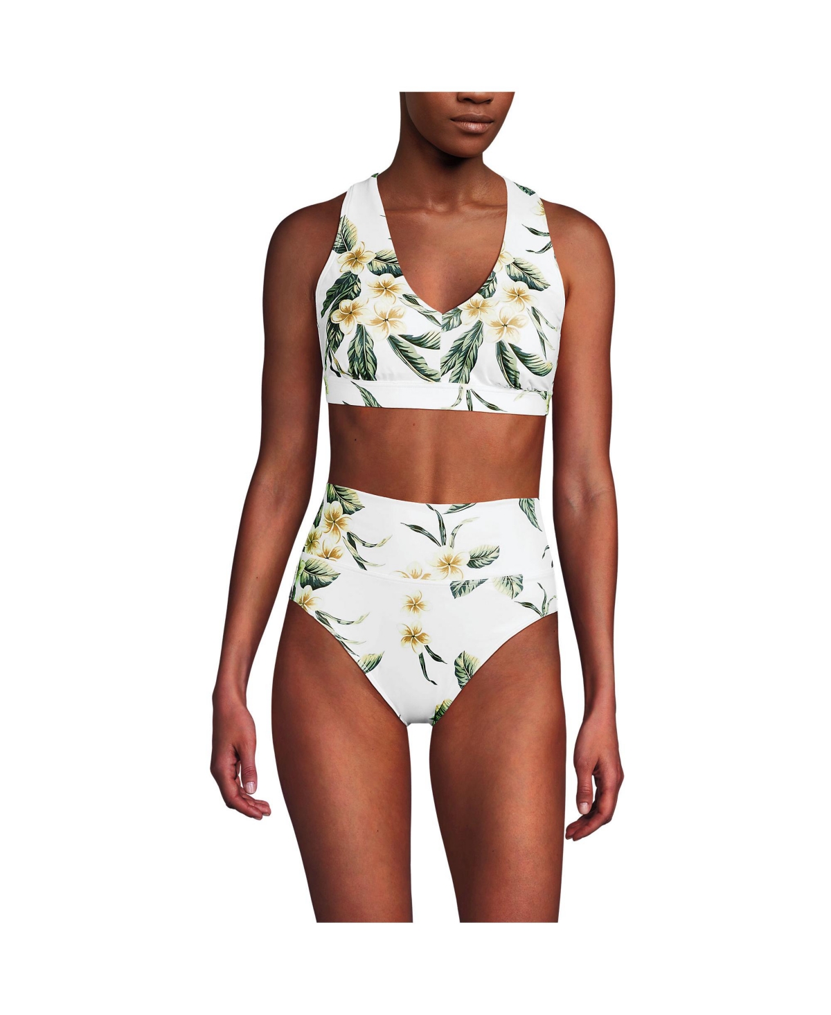 Women's V-Neck Bikini and High Waisted Bottom Swimsuit Set - White plumeria floral