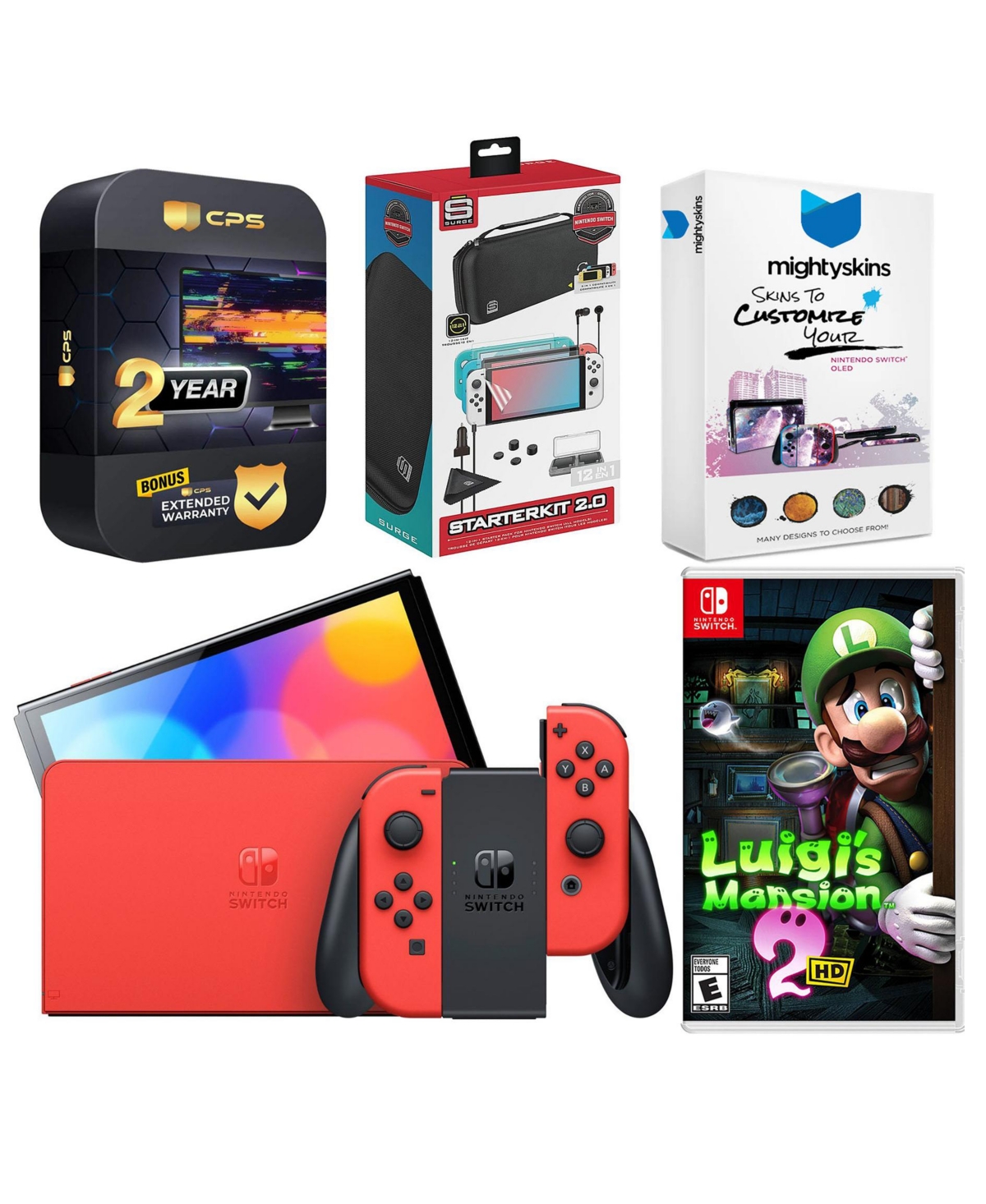 Nintendo Switch Oled Mario Red Edition with Luigi s Mansion 2 Hd, Surge Accessory Gaming Kit, MightySkins Console and Controller Skin Voucher and 2 Ye