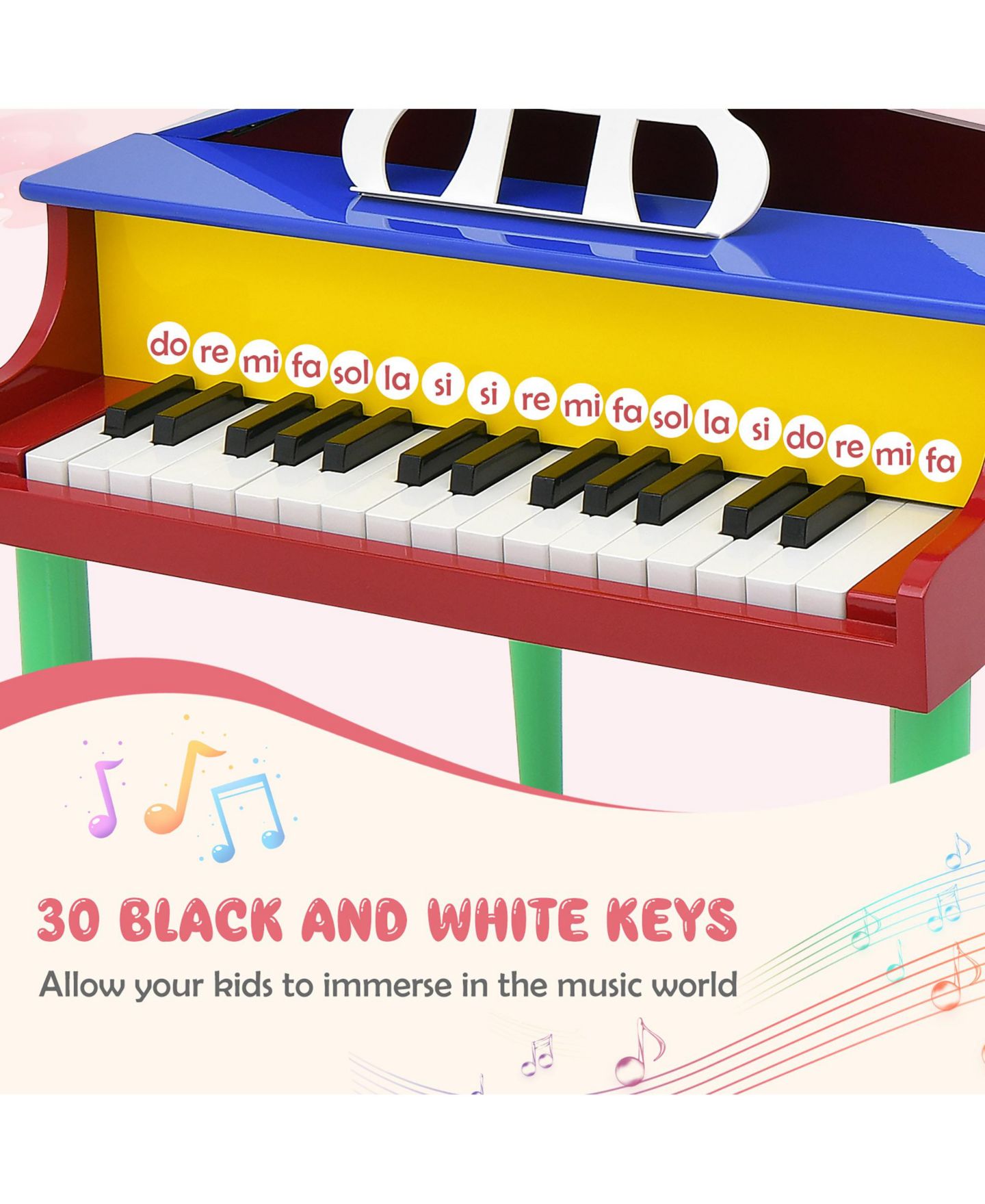 Детские игрушки Gymax 30-Key Wood Grand Piano Music 3-Piece Set, Ages 3+, цвет: Синий — фото 4