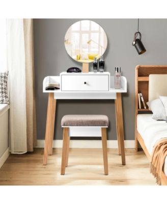 2-Pc. Wood Mirror Vanity Dressing Table Set with Drawer