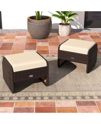 2 Pieces Outdoor Patio PE Wicker Ottomans with Removable Cushions Footstools