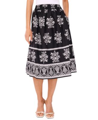Women's Smocked-Waist Border-Print Midi Skirt