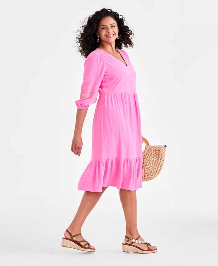 Women's V-Neck 3/4-Sleeve Tiered Midi Dress - thumbnail 3