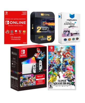 Switch OLED Console Mario Kart 8 Bundle with Super Smash Bros: Ultimate, NSO 12 Month Family Membership, MightySkins Console and Controller S
