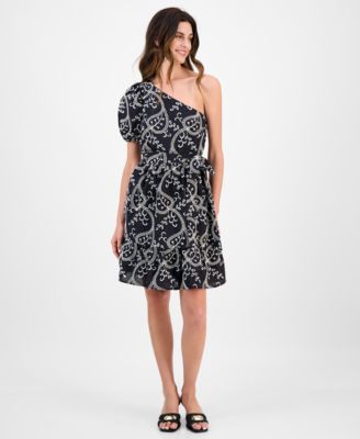 Anne Klein - Women's Embroidered Cotton Asymmetric One-Shoulder Fit & Flare Dress