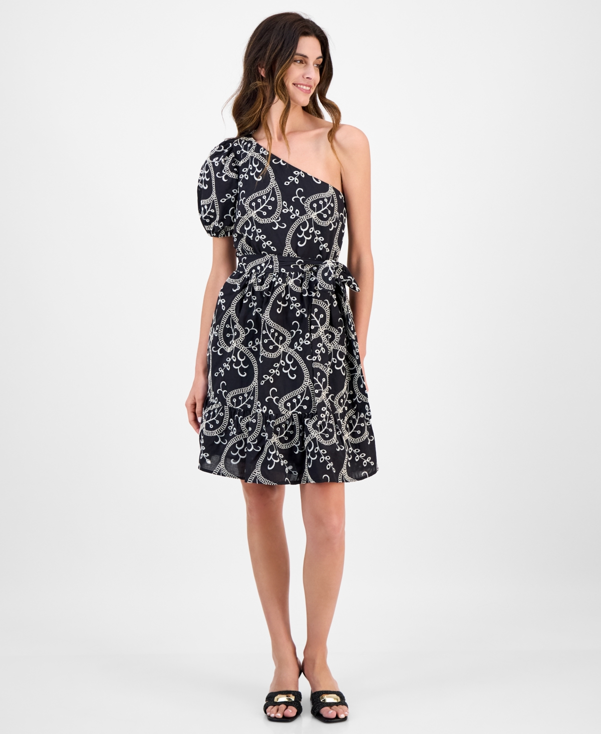 Women's Embroidered Cotton Asymmetric One-Shoulder Fit & Flare Dress - Black/Ivory Shell