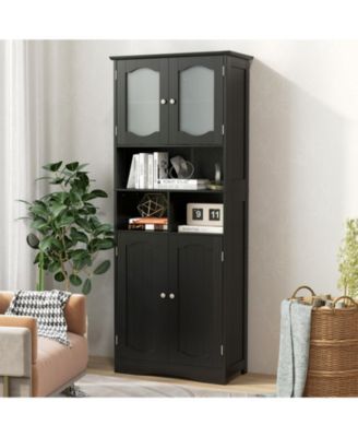 58.5 Inch Freestanding Linen Bathroom Storage Cabinet with Frost Glass Doors