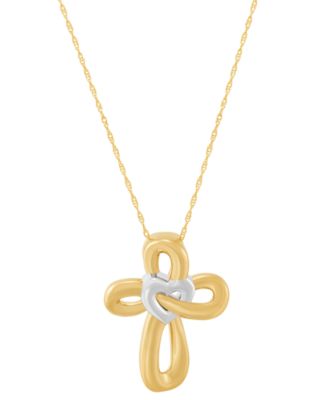 Macy's - Two-Tone Polished Heart & Cross Curvy 18" Pendant Necklace in 14k Gold