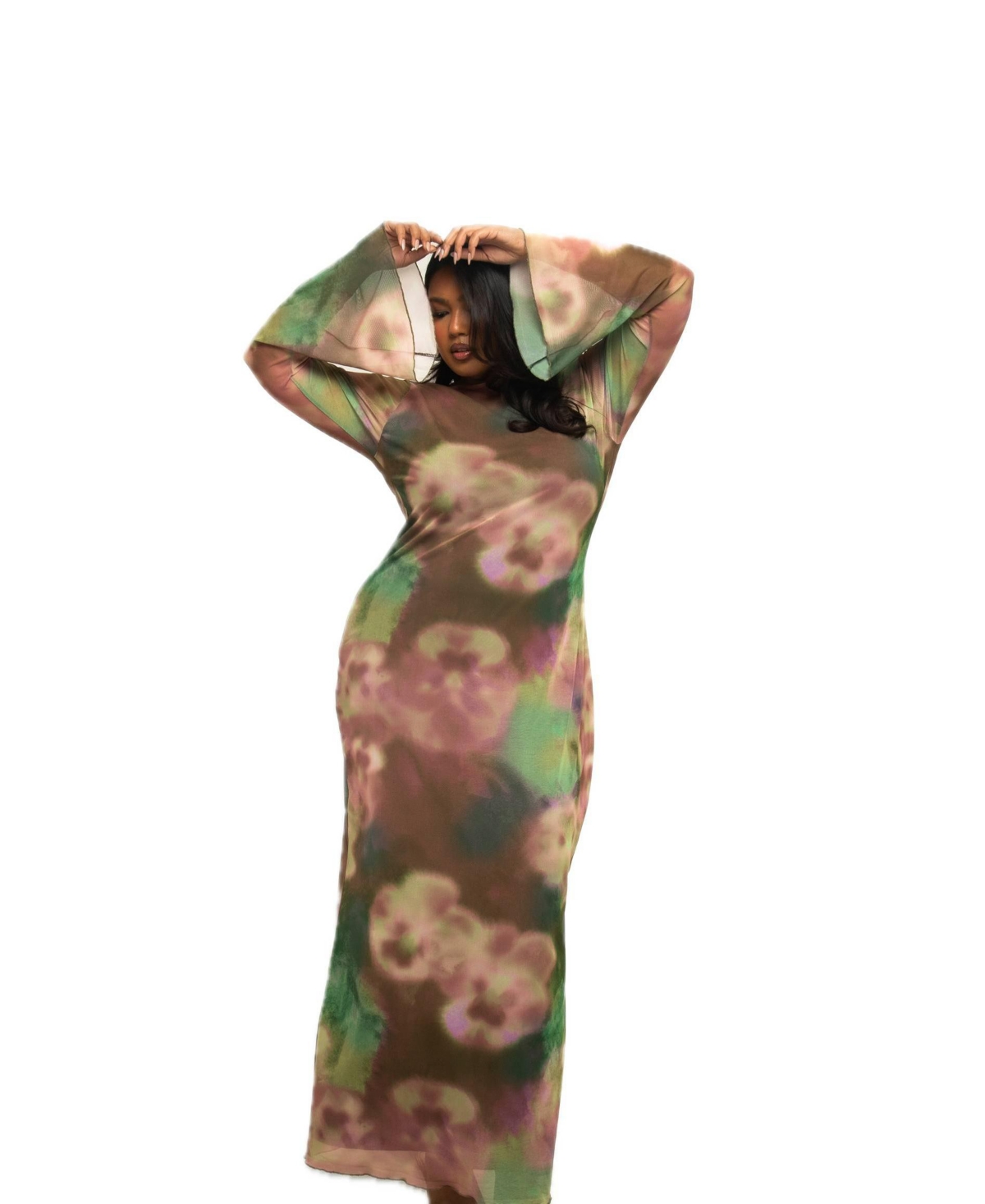 Plus Size Long Sleeve Floral Print Mesh Maxi Dress - Green