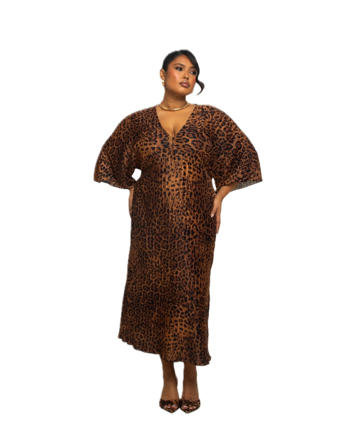 Plus Size 3/4 Sleeve Leopard Print Midi Dress - Brown