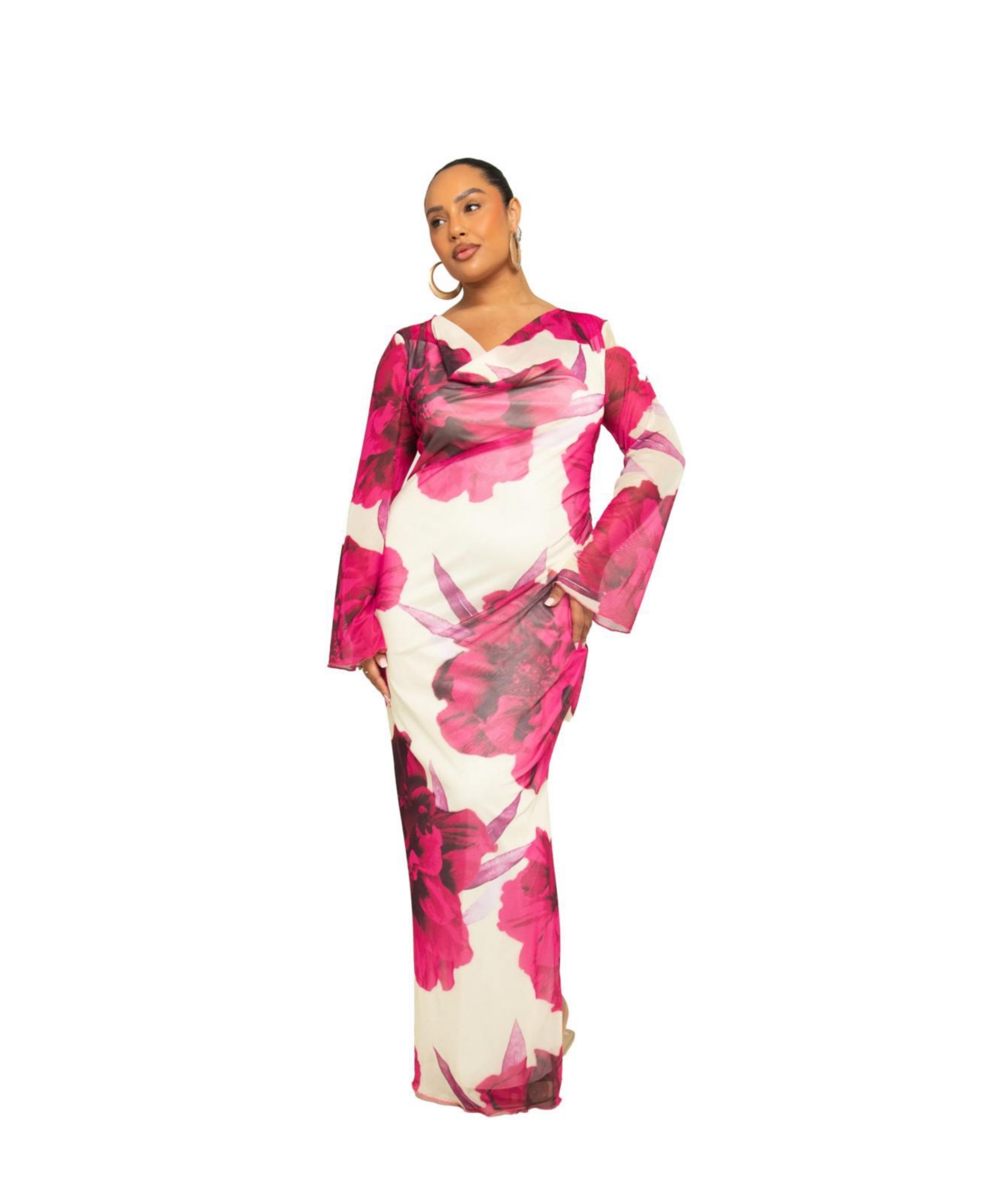 Plus Size Long Sleeve Floral Print Maxi Dress - Pink