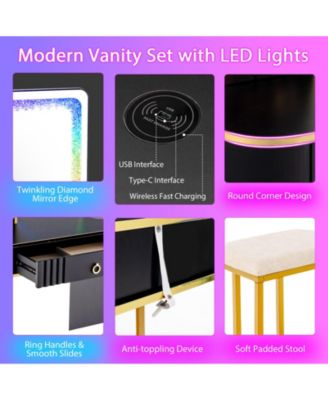 Vanity Table Set with RGB LED Lights and Wireless Charging Station