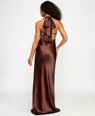 Juniors' Satin Cowl-Neck Halter Gown