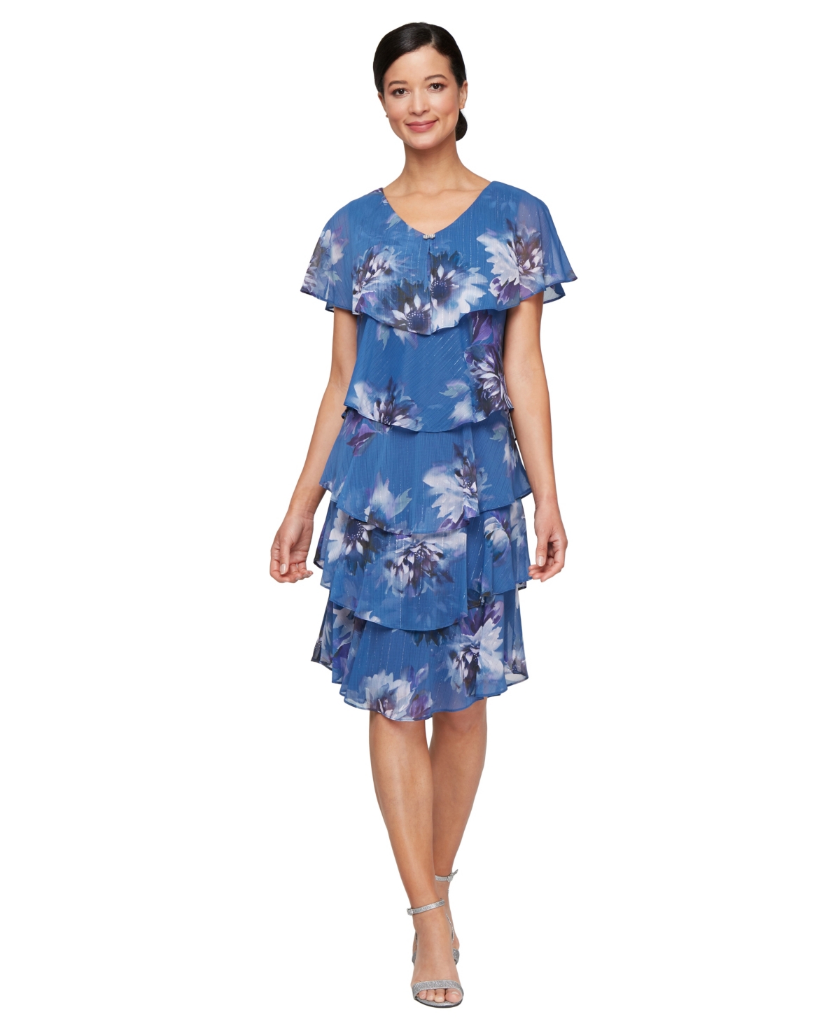 Women's Short-Sleeve Chiffon A-Line Dress - Blue Multi