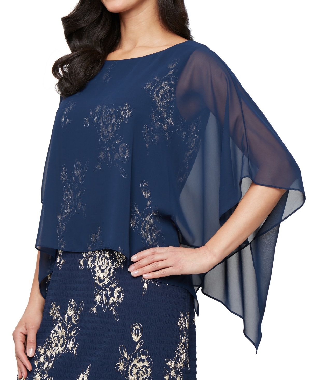 Sl Fashions Foil Print Chiffon Overlay Cocktail Dress In Blue