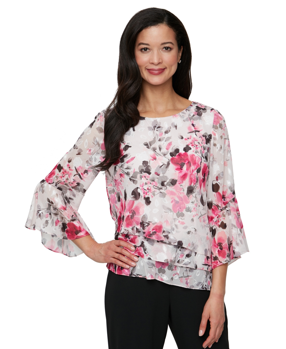 Women's Chiffon Printed Bell-Sleeve Blouse - Fuchsia Multi