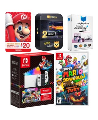 Switch OLED Console Mario Kart 8 Bundle with Super Mario 3D World + Bowser s Fury , Nintendo $20 eShop Gift Card, MightySkins Console and C
