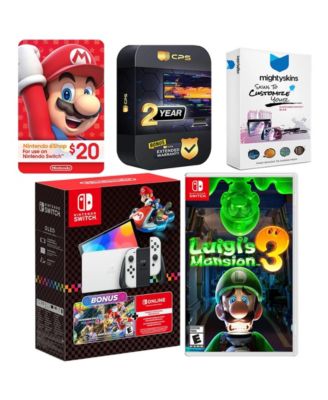Switch OLED Console Mario Kart 8 Bundle with Luigi s Mansion 3, Nintendo $20 eShop Gift Card, MightySkins Console and Controller Skin Vouch