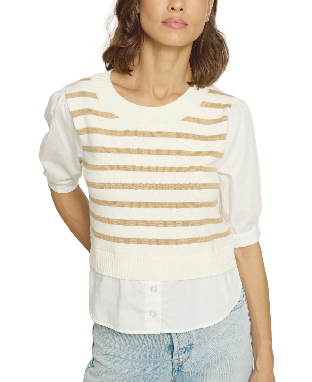 Women's Crewneck Twofer Top - Camel stripe