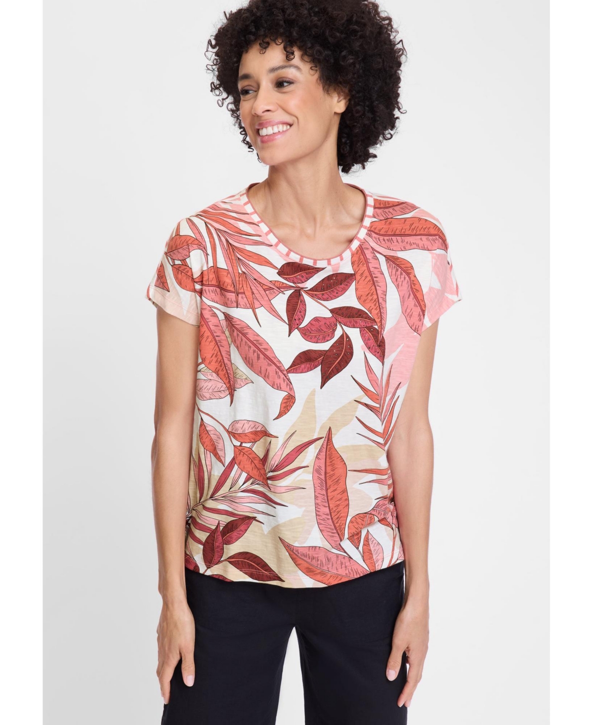 Women's Leaf Print T-Shirt - Desert rose
