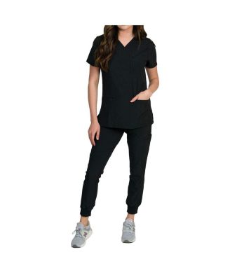 Women's Stretch Scrub Set with Zip Chest Pocket Top and Knit Rib Cuffs Jogger Pants