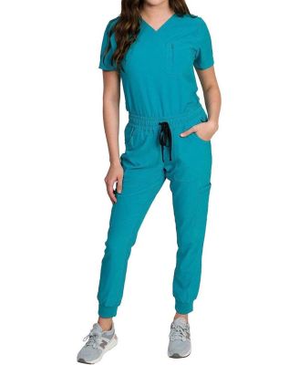Women's Stretch Scrub Set with Zip Chest Pocket Top and Knit Rib Cuffs Jogger Pants