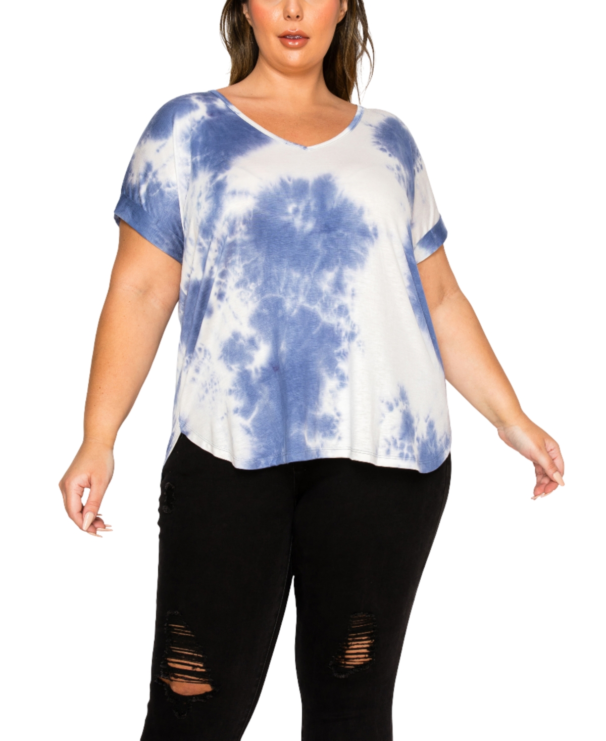 Plus Size Tie Dye V-Neck Rolled Sleeve Dolman T-Shirt - Blue, Ivory