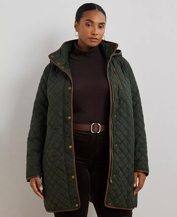 Plus Size Hooded Quilted Faux-Suede-Trim Coat - thumbnail 5