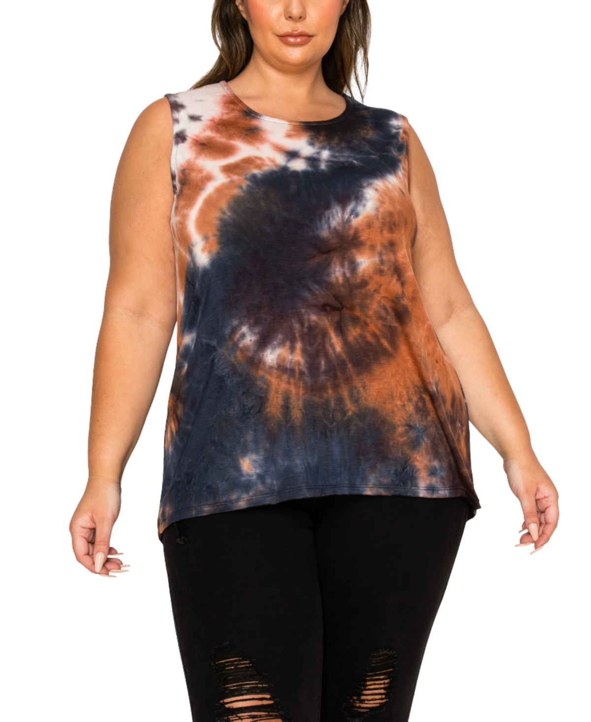 Plus Size Tie Dye Button Back Tank Top - Rust, Indigo