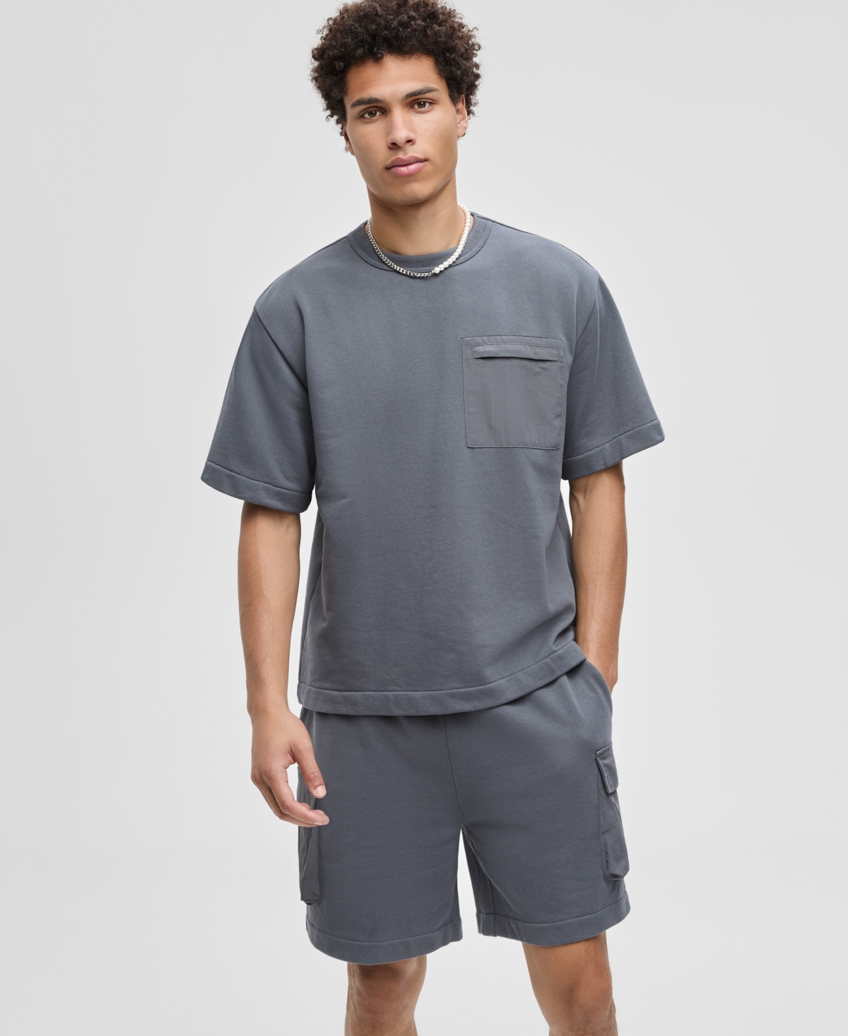 Men's Mixed Relaxed-Fit French Terry Pocket T-Shirt, Macy's Exclusive - Dark Ecru